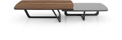 A nesting coffee table with a set of two rounded triangular shapes featuring mixed material tabletops. Modern Belvedere Coffee Tables By Modloft