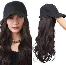 16 Inch Baseball Cap With Hair Extensions Natural Synthetic Hair With Attached Black Hat With Long Wavy One Piece Hair Extensions For Women Daily Party Use Dark Brown Amazon Co Uk Beauty