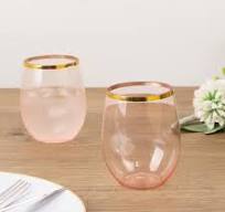12-Pack Plastic Stemless Wine Glasses 12oz, Transparent Blush with Gold Rim  - Reusable Tumblers for Events