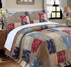 A coverlet is a lightweight blanket without fill, while a comforter or duvet insert is a shell filled with down or down alternative for a warmer, lofty bedding piece. Cozy Line Home Fashions Sanders Red Navy Blue Brown Floral Print Real Patchwork 100 Cotton Reversible Coverlet Farmhouse Goals