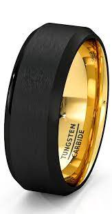 Mens Wedding Band Black Gold Tungsten Ring Brushed Surface Center Beveled Edge 8mm Comfort Mens Wedding Bands Black Rings Mens Wedding Bands Gold Tungsten Ring