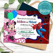 Get this card right now. Sibling Minnie Mouse Spiderman Invitation Printable Diy Bobotemp
