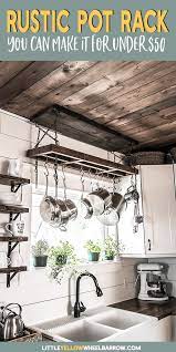 How To Build A Diy Pot Rack And Secure It To Your Ceiling Farmhouse Pot Racks Rustic Pot Racks Simple Woodworking Plans