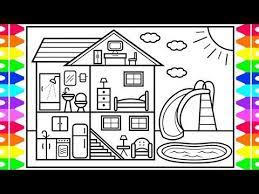 How To Draw A Fun House With A Pool For Kids Fun House With A Pool Drawing And Coloring P House Drawing For Kids Drawing For Kids House Colouring Pages