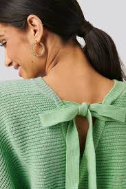 NA-KD, Pulover cu decolteu in V si funda pe partea din spate, Verde menta,  L