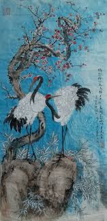 鶴閒梅下立 人靜月中行 長願歲時好 吟身見太平 宋代史衛卿詩74x35cm 90年代水墨設色 蔴紙in 2020 painting art