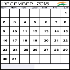 December 2018 Calendar For India Calendar December Template Printable