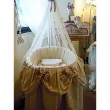 Wicker Crib Covered In Natural Cotton Fabric Worked With Lace Ribbon And Bouquet Of Fabric Flowers Handmade Complet Baby Cribs Handmade Flowers Fabric Cribs