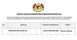 Rujukan Contoh Soalan Psikometrik Penghantar Notis N11 Kerja Kosong Kerajaan