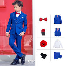 Veste avec revers crantés, 2 boutons et deux fentes. Simple Rouge Cravate Bleu Roi Costumes De Mariage Pour Garcons 2019
