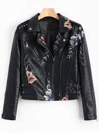 Floral Patched Rivet Faux Leather Jacket Black Floral Print Jacket Leather Look Jackets Black Faux Leather Jacket