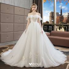 The wedding dress sample sales you need to put in your diary asap. Charming Ivory Wedding Dresses 2018 Ball Gown Lace Flower Off The Shoulder Backless Short Sleeve Royal Train Wedding