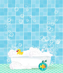 Maybe you would like to learn more about one of these? Cute Cartoon Bathroom Interior With Bathtub Full Of Foam Soap Bubbles Bottle Of Shampoo Rubber Duck On Blue Tiled Background Vector Illustration Template With Space For Text Bathtub With Toys Royalty Free