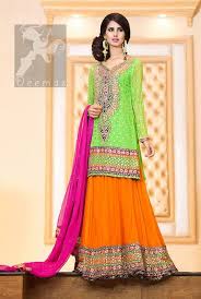 Bright Green Shirt Orange Lehenga Pink Dupatta For Mehndi Orange Lehenga Pakistani Bridal Wear Fancy Frocks