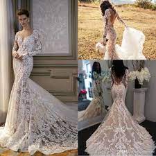 2017 Cathedral Train Mermaid Long Sleeve Wedding Dresses Sweetheart Covered Button Lace Embroidery Country Beach Berta Bridal Wedding Gowns Winter Wedding Dress Long Sleeve Mermaid Wedding Dress Lace Wedding Dress Vintage