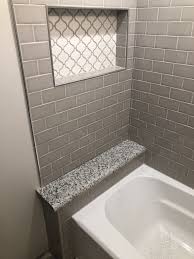 Arabesque Shower Niche And Pearl Gray Subway Tile Bathtub Shower Surround Bathtub Tile Bathtub Remodel Bathtub Tile Surround