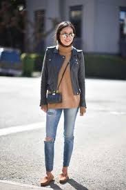 Women S Black Leather Biker Jacket Tan Wool Turtleneck Blue Ripped Skinny Jeans Tan Suede Espadrilles In 2020 Blue Leather Jacket Outfit Blue Leather Jacket Leather Jacket Outfits