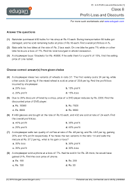 class 8 profit loss and discounts math practice questions tests worksheets quizzes assignments edugain india
