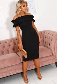 Ada Black Bardot Frill Detail Midi Dress In 2020 Satin Midi Dress Dresses Midi Dress Bodycon