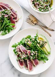 Seared Ahi Tuna With Chimichurri Sauce Arugula And Avocado Www Kitchenconfidante Com Tuna Recipes Recipes Easy Summer Salads