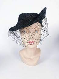 1930s Black Sculpted Straw Hat With Full Veil Hat Designs Straw Hat Elastic Hair Bands