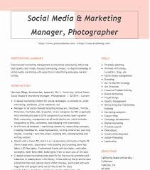 How to write a social media marketing specialist resume this process starts with choosing your format. Social Media Manager Photographer Resume Example Company Name Jacksonville Florida
