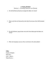 Us History Worksheet A Nation Divided Chapter 14 By Toren Ballard