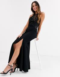 Vestito lungo plissettato con pizzo solada in vendita online su mec shopping. Vestito Lungo Accollato Con Top In Pizzo Nero Lipsy Donna