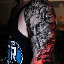 Black And Red Arm Sleeve Tattoos Tattoo Artist Michael Cloutier Zeus Tattoo Poseidon Tattoo Greek Tattoos