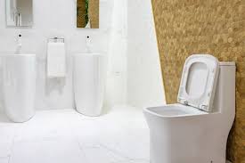 spacious bathroom with dual sinks stock