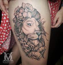 Whip Shading Stipple Shading Big Lion Thigh Tattoo By Katie James Of Marked One Tattoo Lion Tattoo On Thigh Tattoos Body Art Tattoos