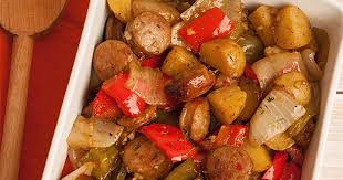 Balsamic Roasted Sausage Peppers And Potatoes Recipe Yummly Recipe Italian Sausage Recipes Sausage Dishes Stuffed Peppers