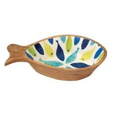 Featuring a colorful fish pattern with a glossy enamel dipped interior and a mango wood outside, perfect for indoor or outdoor dining all year long. School Of Fish Wood Enamel Bowl Enamel Bowl Bowl Decorative Bowls
