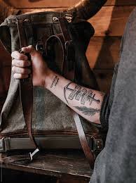 Maybe you would like to learn more about one of these? Close Up Of Black Style Tattoo On Anonymous Man Holds Old Vintage Rucksack Preparing To The Journey By Nick Bondarev Style Tattoo