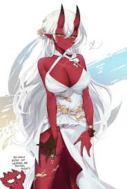 white dress, crossed bangs, red skin, colored skin, white hair - Anime R34