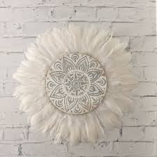 Tribal Mandala White And Grey Feathers Round Wall Art Boho Design Timber Porthole Feather Wall Art Feather Wall Decor Boho Wall Art