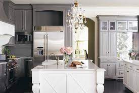 Dark island butcher block countertop design pictures remodel. Dark Gray Kitchen Cabinets With White Island Transitional Kitchen