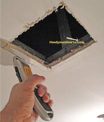 How To Repair Drywall Ceiling Water Damage Step By Step Instructions Square Up The Ceiling Hole Rough Cu Drywall Ceiling Repair Ceilings Water Damaged Ceiling