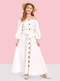 Girls Off Shoulder Button Front Belted Maxi Dress Girls Fashion Clothes Little Girl Dresses Cute Girl Outfits