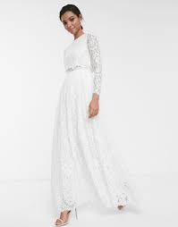 Asos design has an array of different styles for you to feel yourself in, from mini and midi lengths to lace and gingham styles, while asos. Asos Edition Grace Lace Long Sleeve Crop Top Maxi Wedding Dress White Milanstyle Com