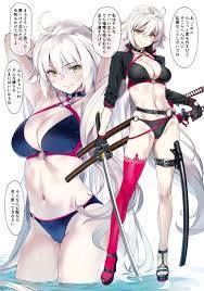 1girls absurdres armpits arms behind head arms up ass visible  through thighs asymmetrical legwear asymmetrical sleeves bangs bare  shoulders belt big breasts bikini black bikini black gloves blush breasts