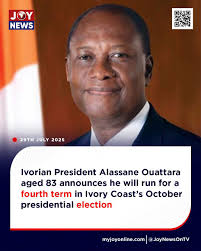 Ivorian President Alassane Ouattara aged 83 announces he will run for a  fourth term in Ivory Coast's October presidential election.