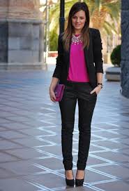 Professional Work Outfit Fuschia Top Black Blazer And Black Slacks With Statement Necklace Fashionable Work Outfit Work Fashion Work Outfit