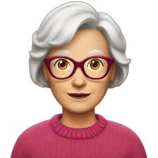 65 year-old Dutch white woman with dark red colored short hair, pink  sweater and gold glasses emoji