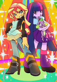 4007647 - safe, artist:hanasakiyunarin, character:spike, character:sunset  shimmer, character:twilight sparkle, species:eqg human, g4, my little  pony:equestria girls, anime, dog, female, panty and stocking with  garterbelt, parody, style emulation, trio ...
