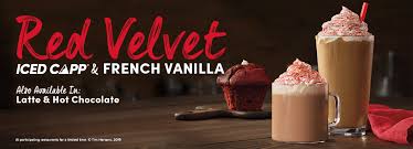 This blended frozen coffee takes on a new look around valentine's day. Tim Hortons Canada New Valentine S Day Treats Red Velvet Iced Capp Hot Chocolate Latte Or French Vanilla Canadian Freebies Coupons Deals Bargains Flyers Contests Canada