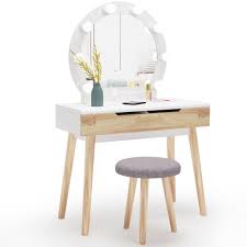 Vanity table set with lighted led touch screen dimming round mirror,makeup dressing table with 2 sliding drawers, 1 cushioned stool for bedroom, bathroom (white). Tribesigns Home Vanity Set Makeup Dressing Table With 10 Bulbs Mirror And Drawer Vanities Makeup Tables Patterer Home Garden