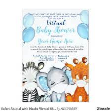 Safari Animal With Masks Virtual Shower Baby Boy I Invitation Zazzle Com In 2021 Elephant Baby Shower Invitations Elephant Baby Shower Invitations Boy Baby Shower Invitations For Boys