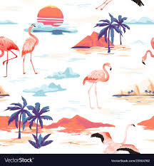 Tropical Island Flamingo Seamless Summer Pattern Vector Image On Vectorstock Summer Patterns Tree Graphic Background Vintage