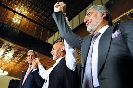 Secretary Kerry Raises Hands With Rival Afghan Presidential Candidates  Ghani, Abdullah After Announcing Deal To Settle Their Election Dispute  (14637260694)